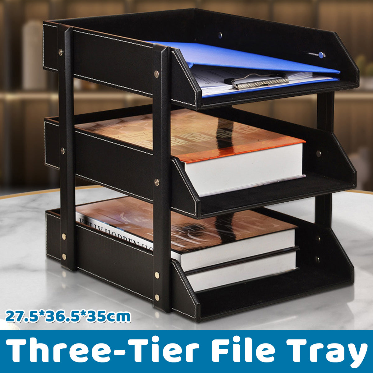 3-Tier Leather Desktop File Organizer Rack