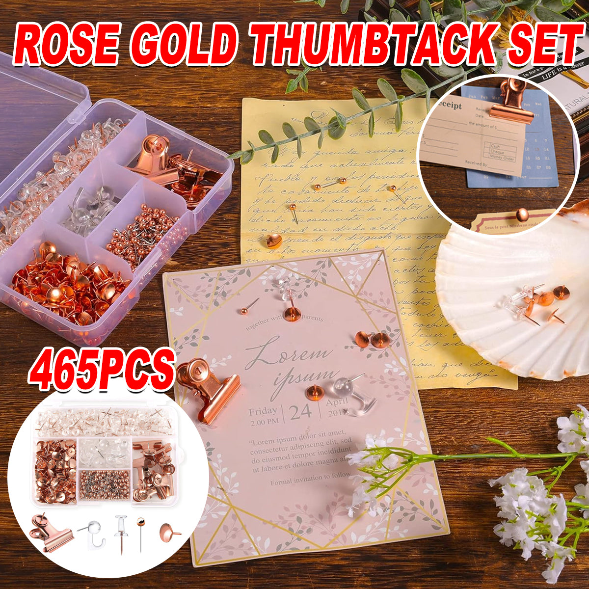 465 Pcs Rose Gold Office Clip and Pin Set with Storage Box