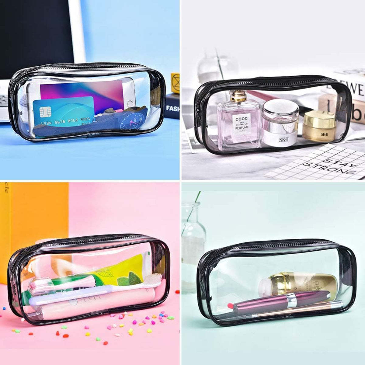 8 Pcs Transparent Pencil Case Set Waterproof PVC Black/White Zips
