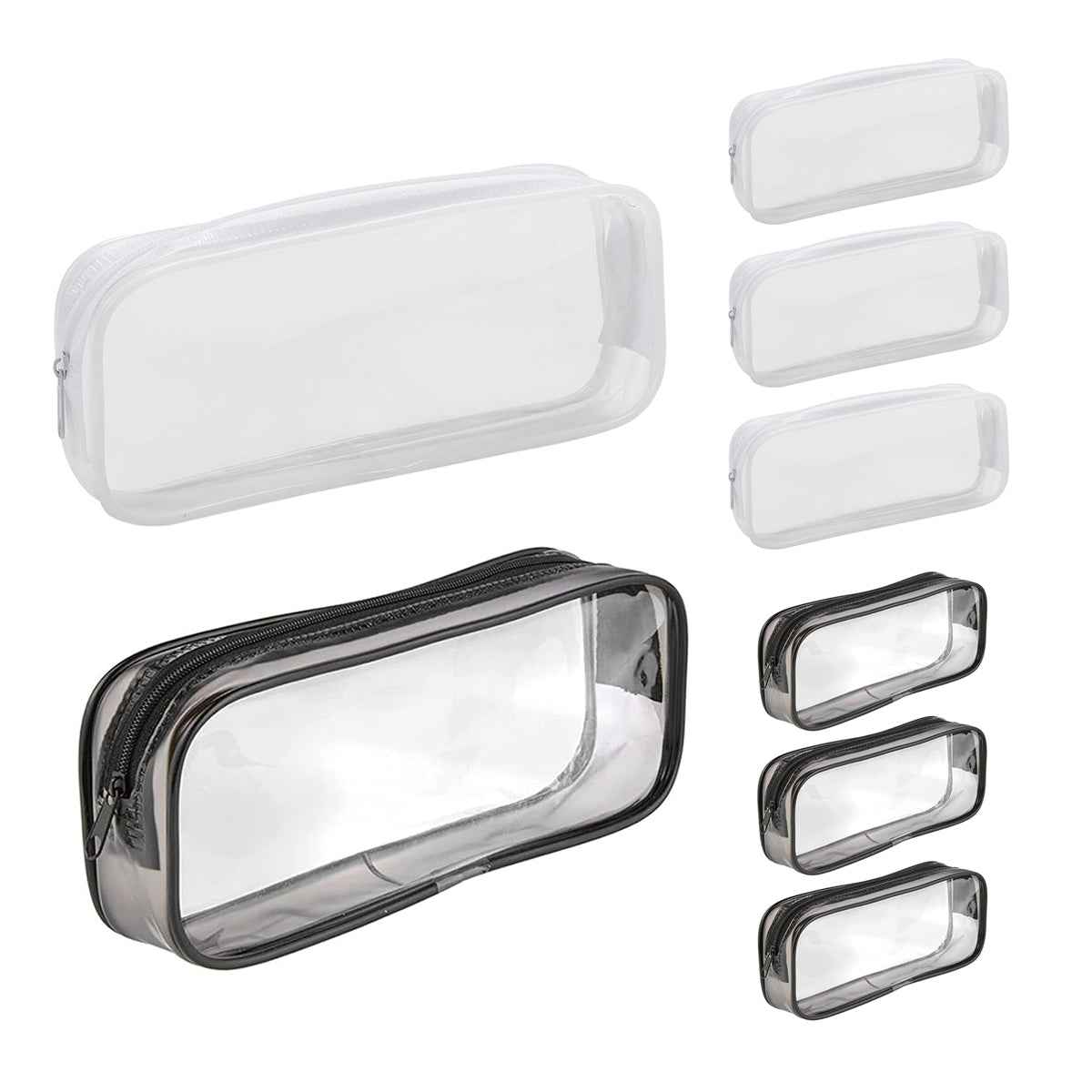8 Pcs Transparent Pencil Case Set Waterproof PVC Black/White Zips