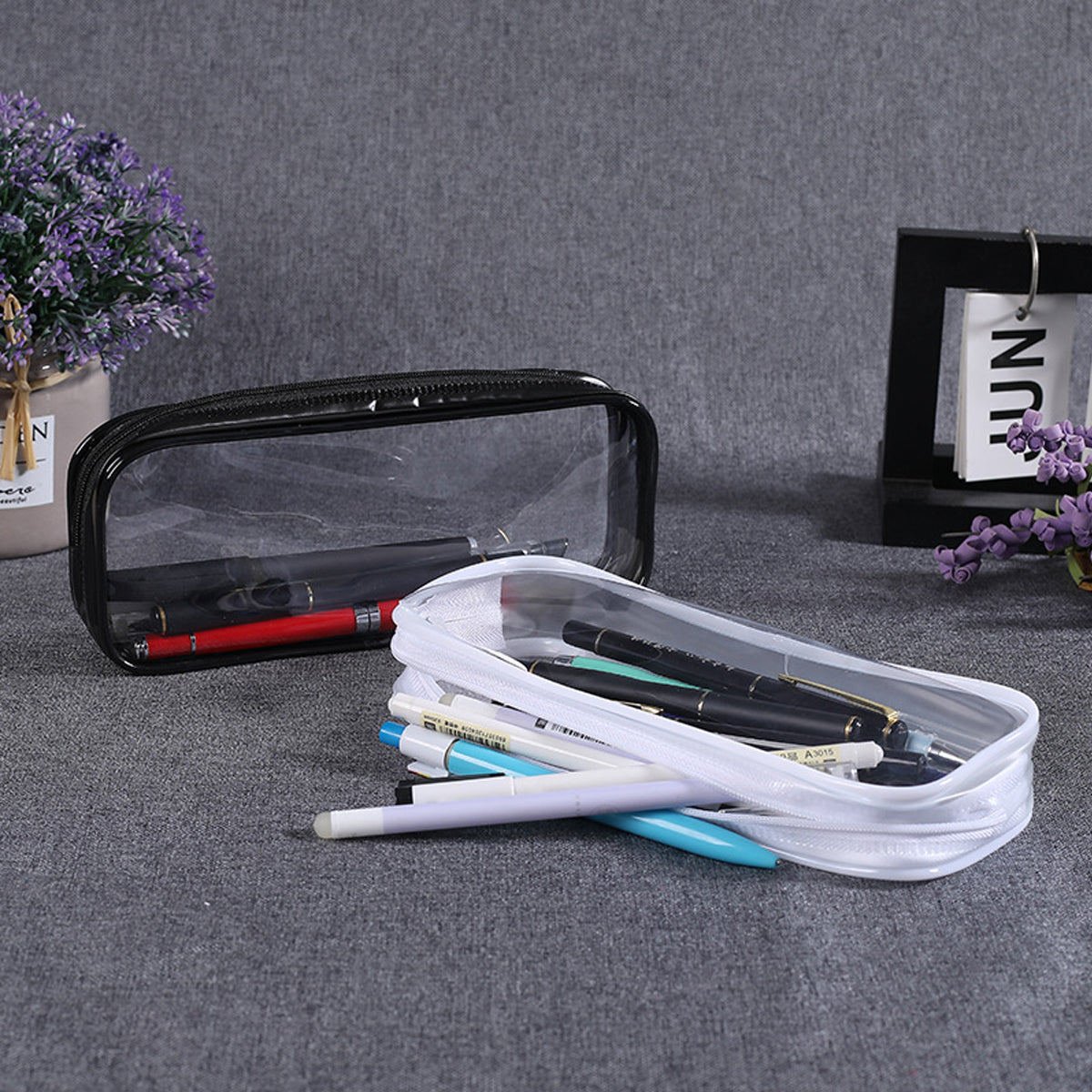 8 Pcs Transparent Pencil Case Set Waterproof PVC Black/White Zips