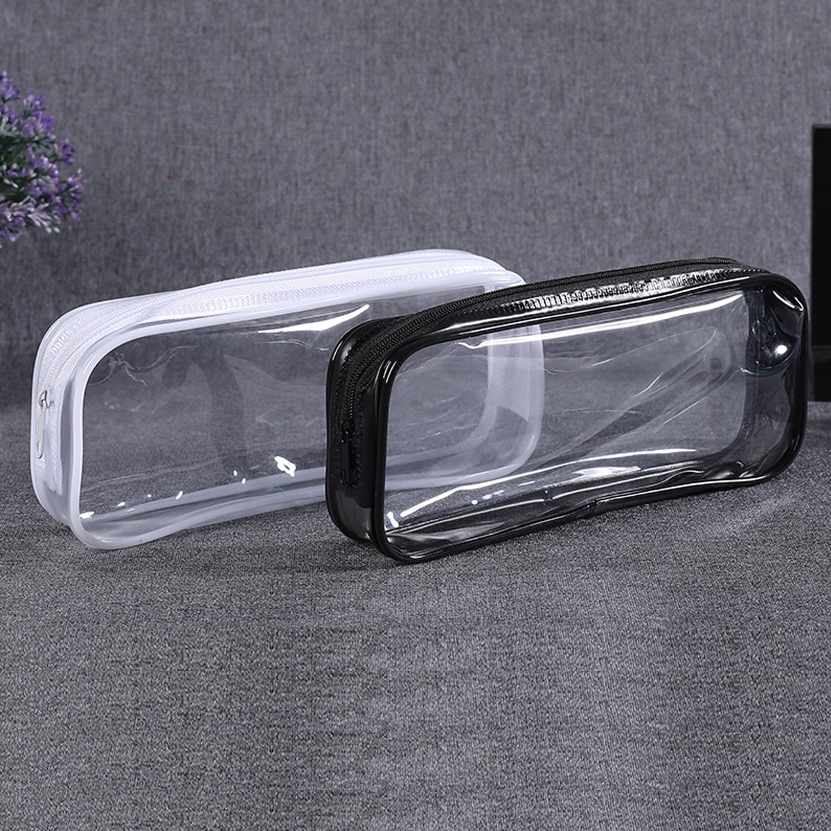 8 Pcs Transparent Pencil Case Set Waterproof PVC Black/White Zips