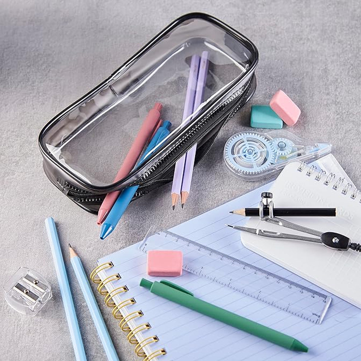 8 Pcs Transparent Pencil Case Set Waterproof PVC Black/White Zips