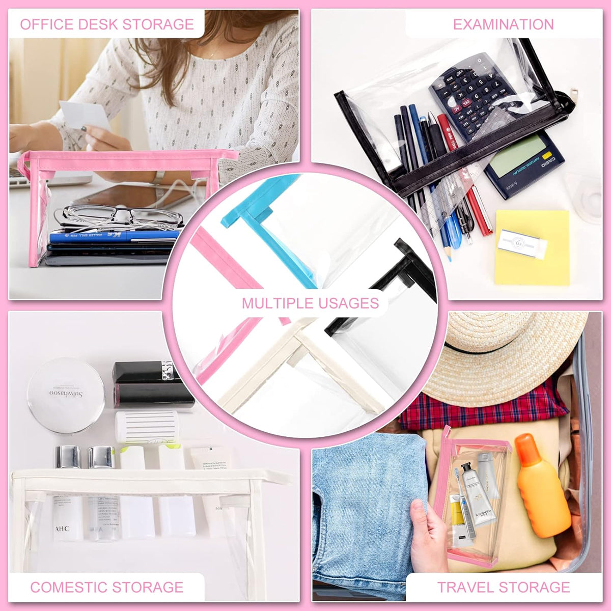 2 Pcs Transparent PVC Pencil Case with Colourful Zipper