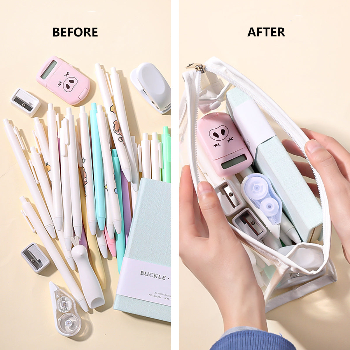 2 Pcs Transparent PVC Pencil Case with Colourful Zipper