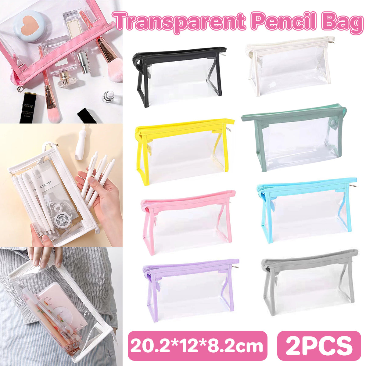 2 Pcs Transparent PVC Pencil Case with Colourful Zipper