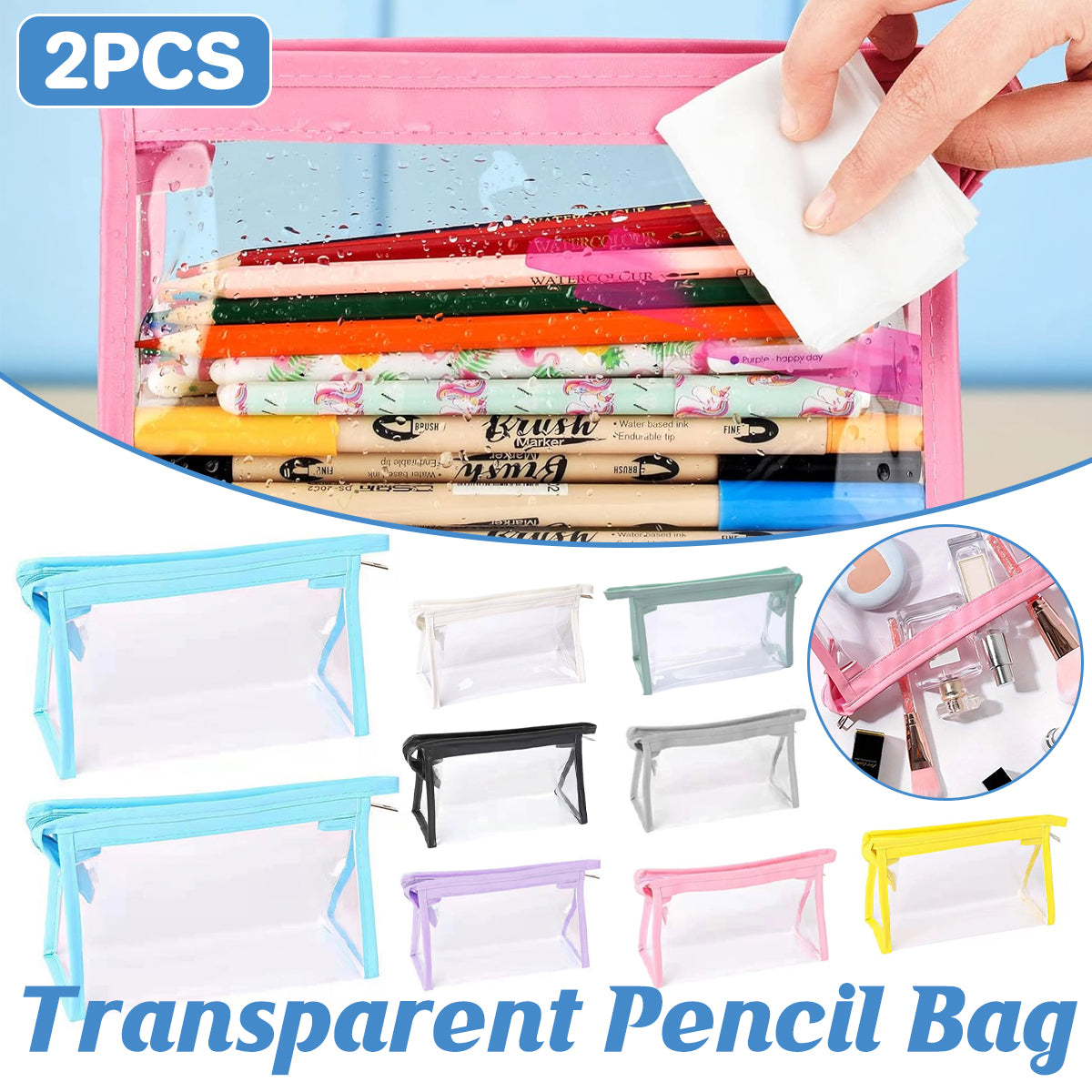 2 Pcs Transparent PVC Pencil Case with Colourful Zipper