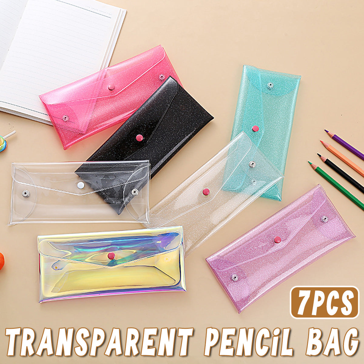 7 Pcs Transparent Pencil Bags PVC Snap Button Assorted Colours