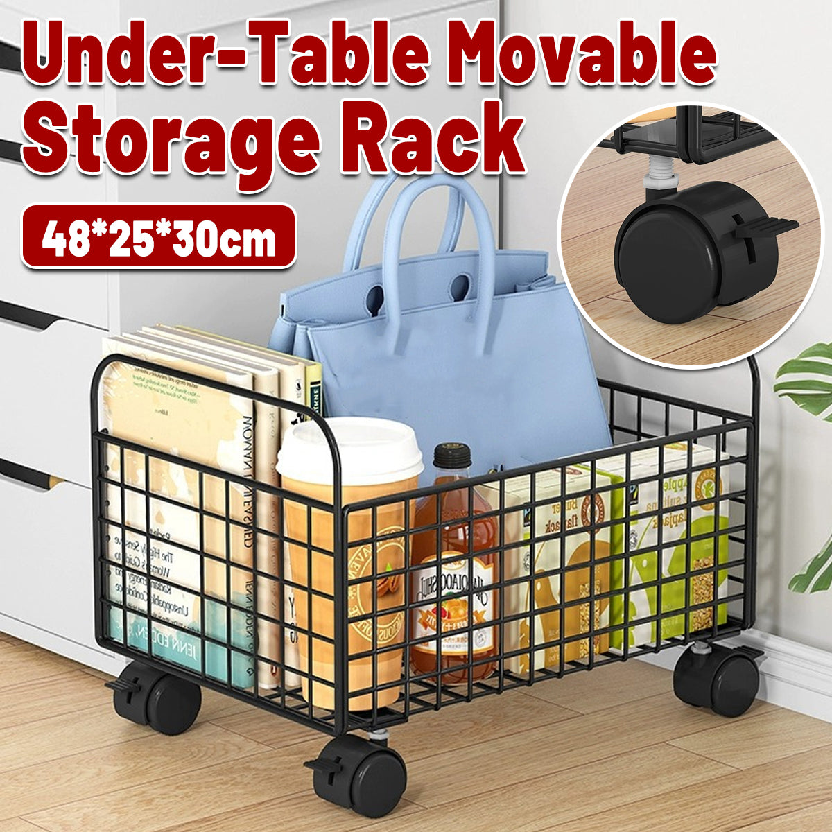 Under-Table Storage Rack with Wheels Metal Mesh Design