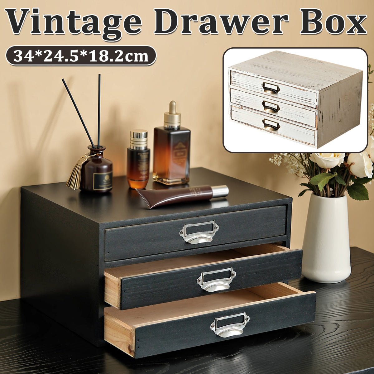 Vintage Solid Wood 3-Drawer Storage Organiser