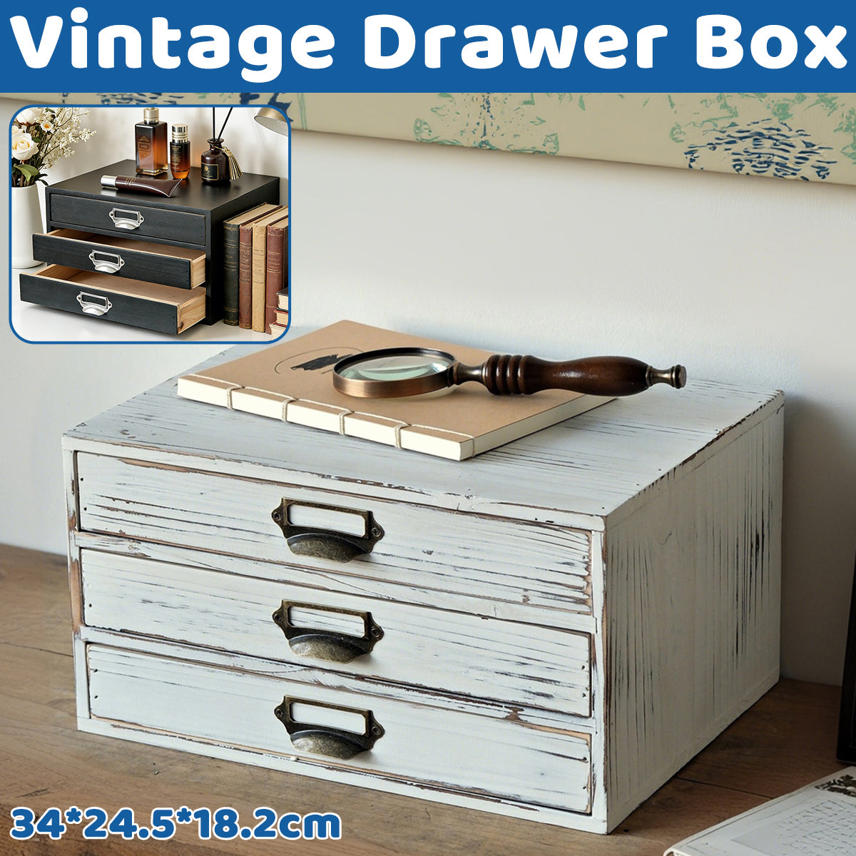 Vintage Solid Wood 3-Drawer Storage Organiser