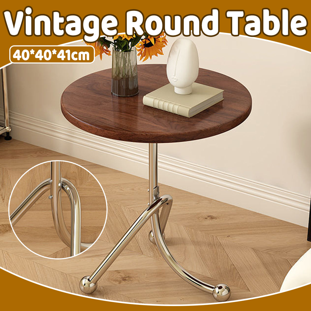 Vintage Round Side Table with Wooden Top for Living Room