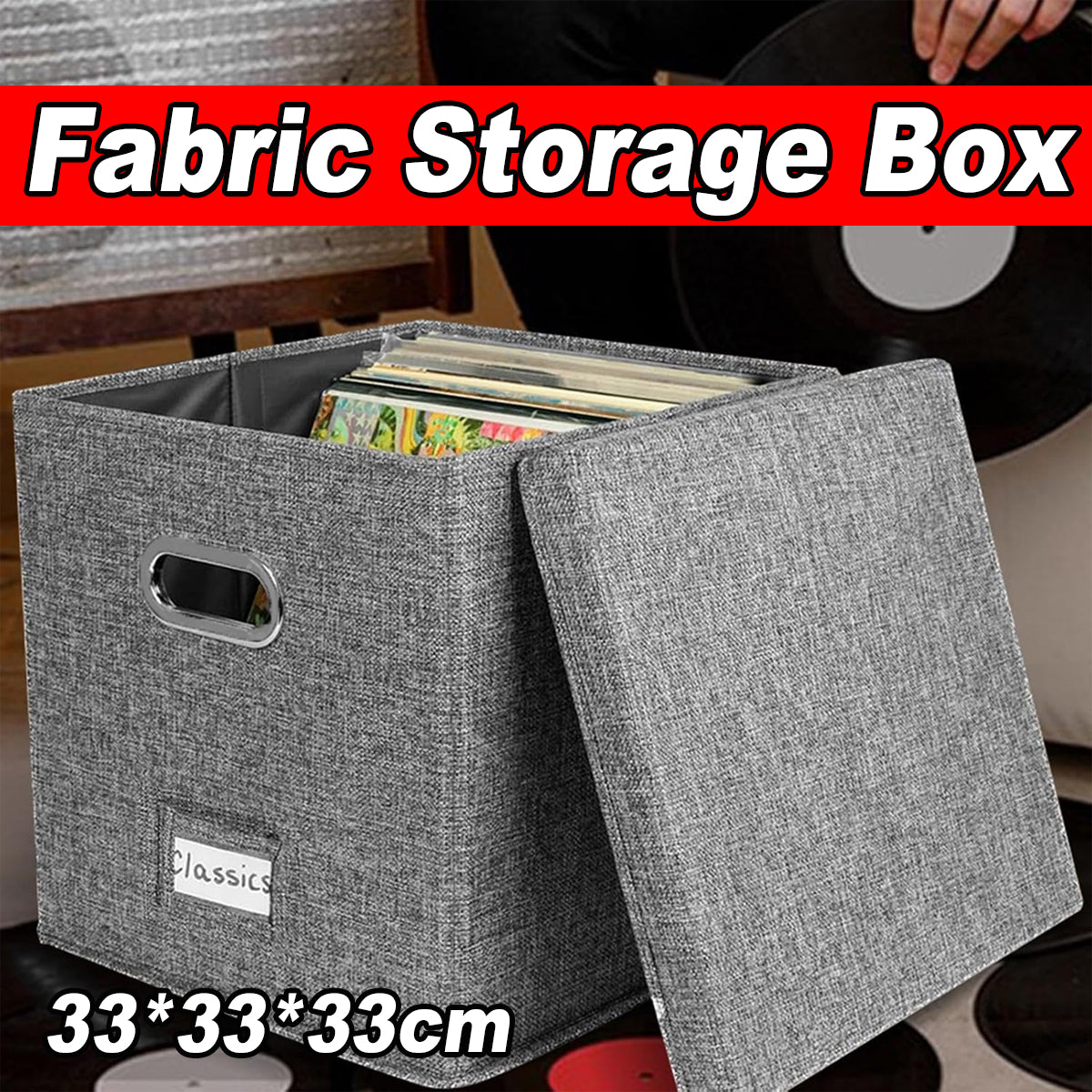 Linen Fabric Vinyl Record Storage Box with Lid