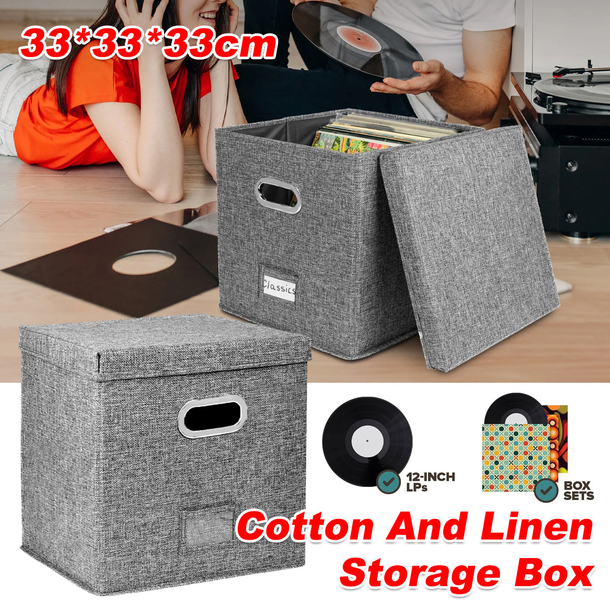 Linen Fabric Vinyl Record Storage Box with Lid