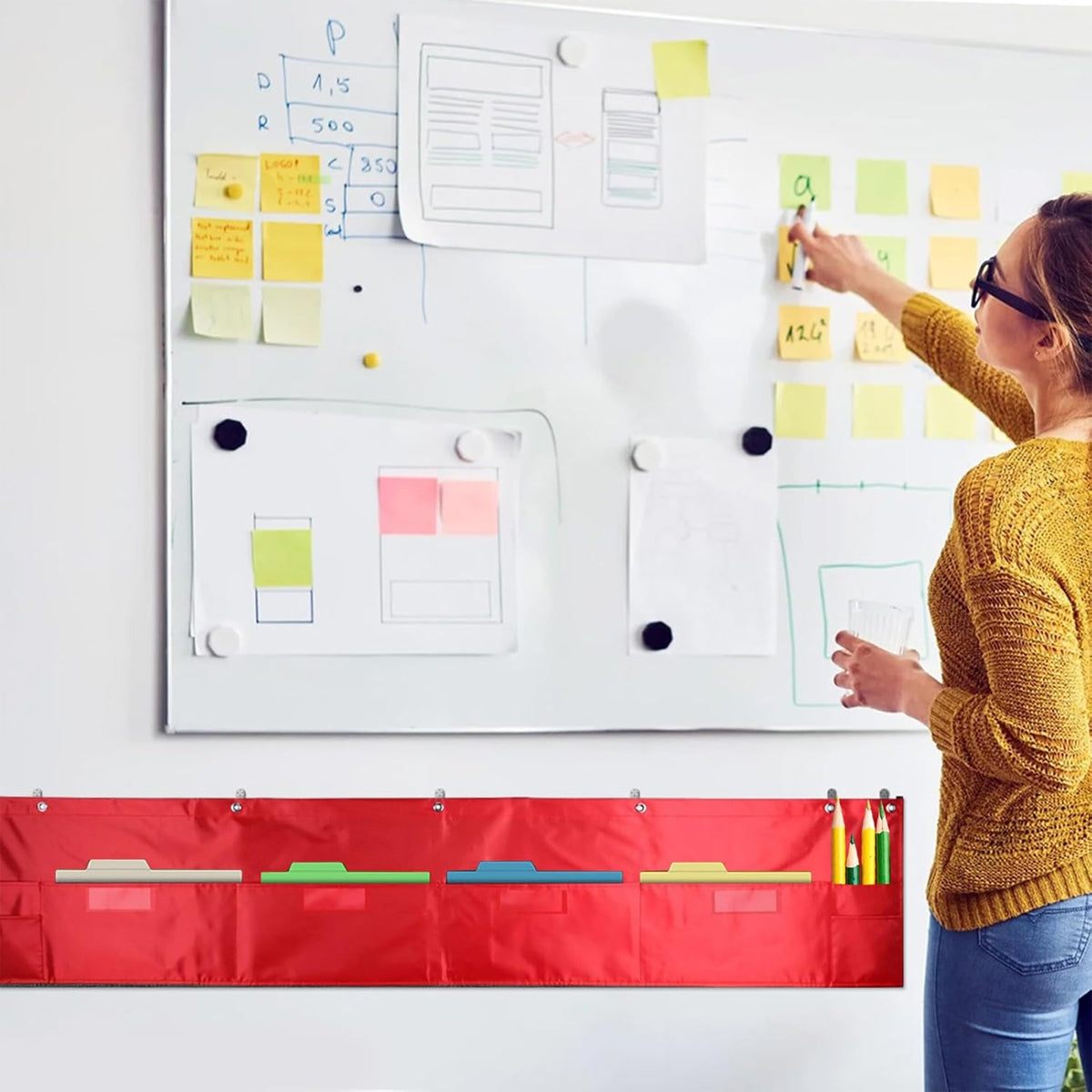 Wall-Mounted File Storage Hanging Bag Waterproof Multi Pocket Red