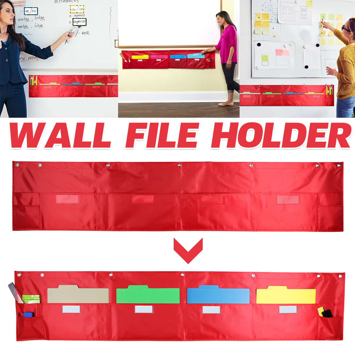 Wall-Mounted File Storage Hanging Bag Waterproof Multi Pocket Red