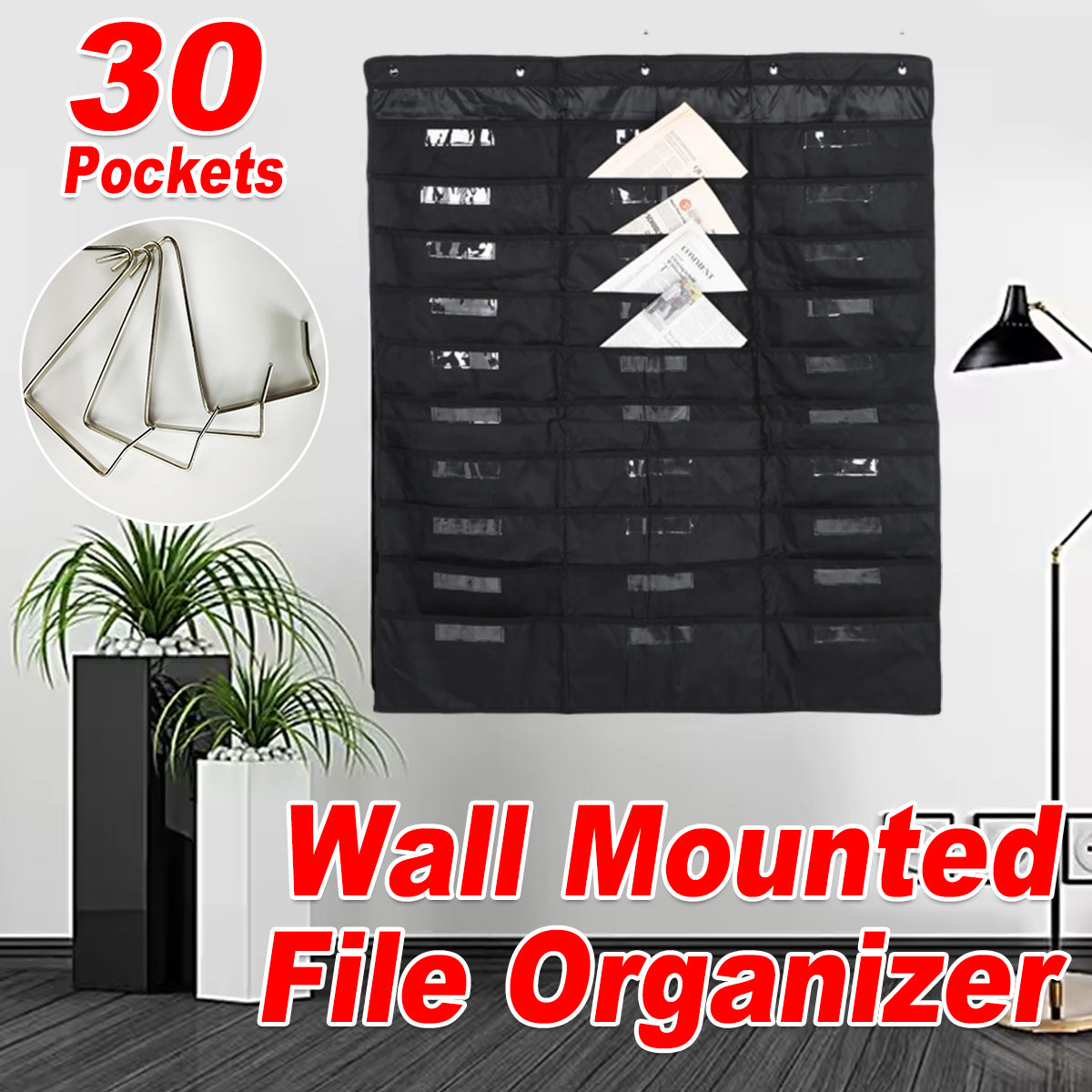 30 Pockets Wall Mounted File Organizer Oxford Cloth Black
