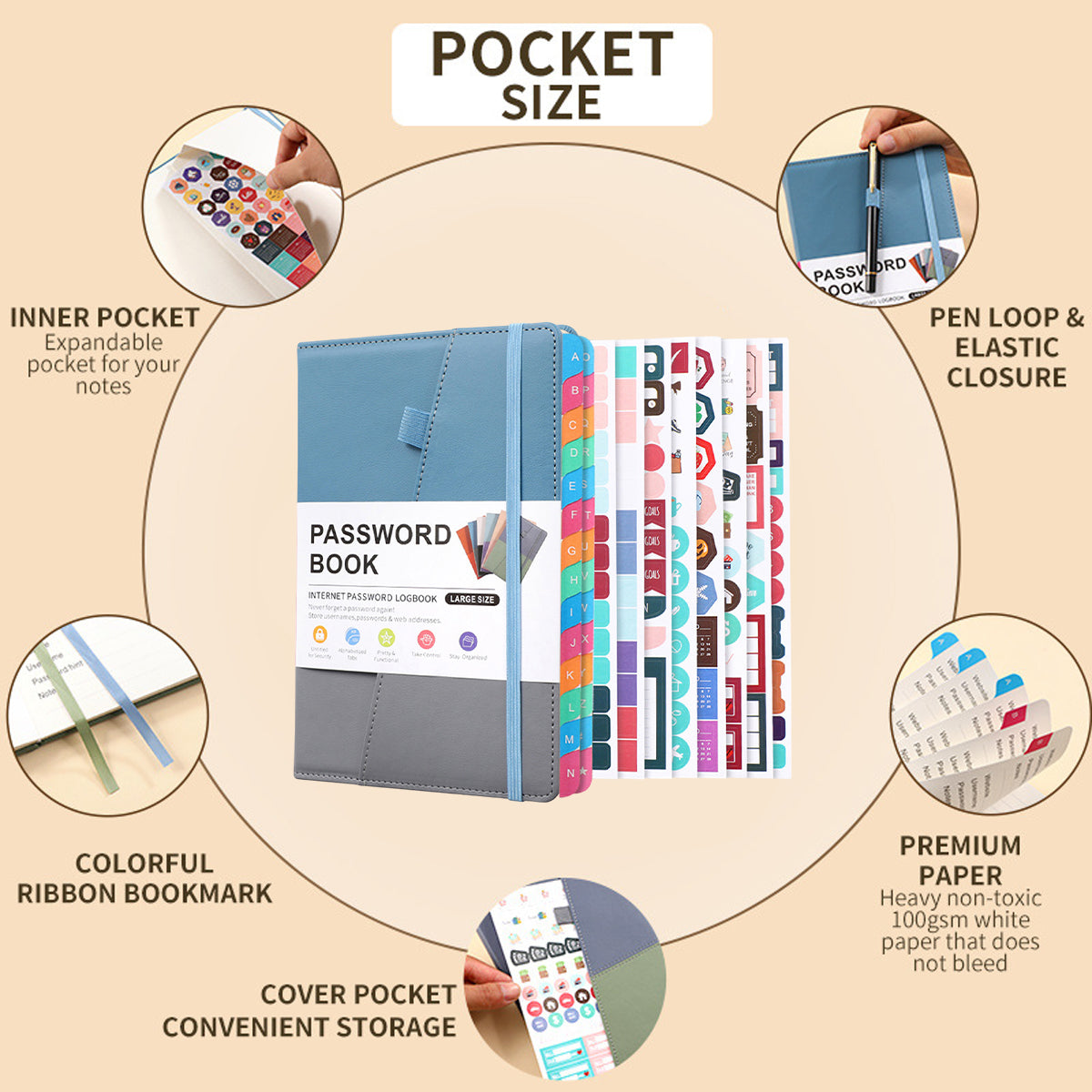 A5 Password Book with Alphabetical Tabs and Planning Stickers