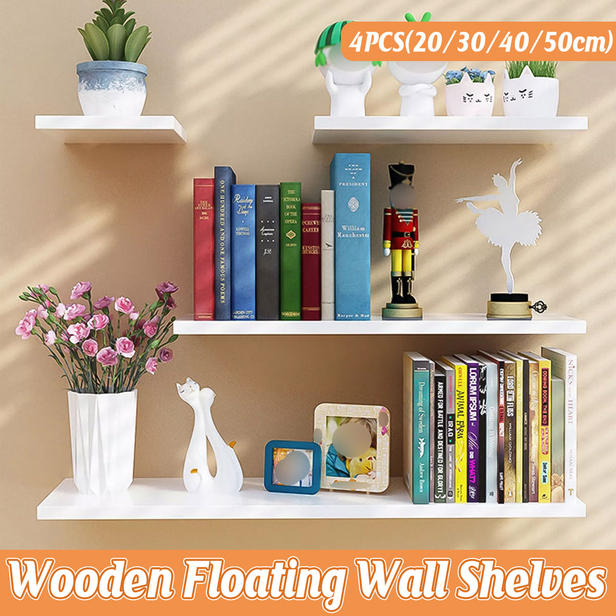 4 Pcs Wooden Floating Wall Shelves White Decorative Set
