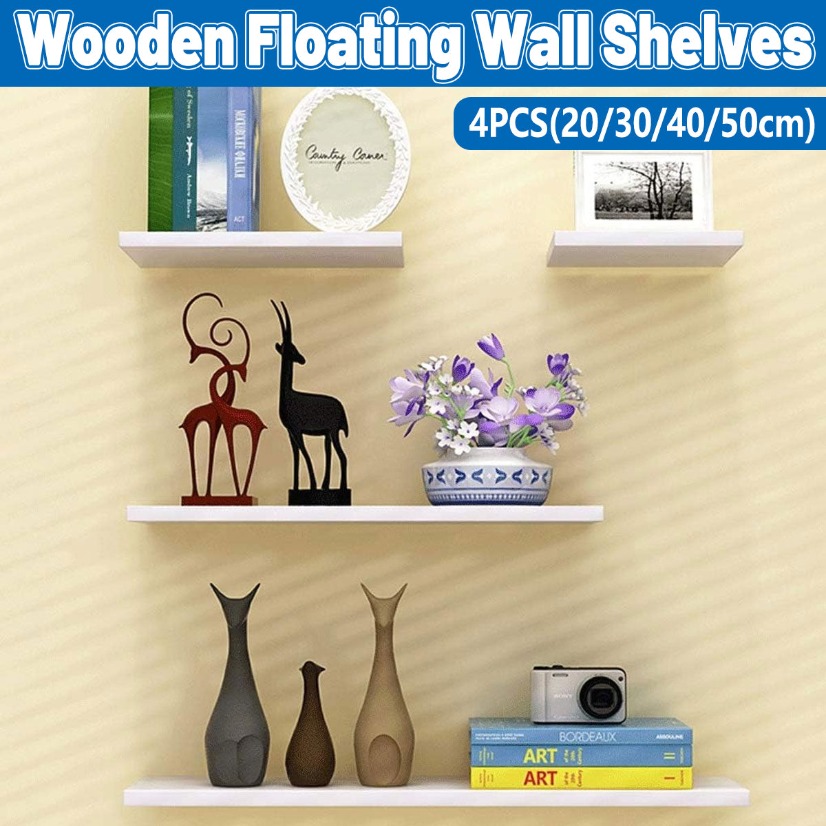 4 Pcs Wooden Floating Wall Shelves White Decorative Set