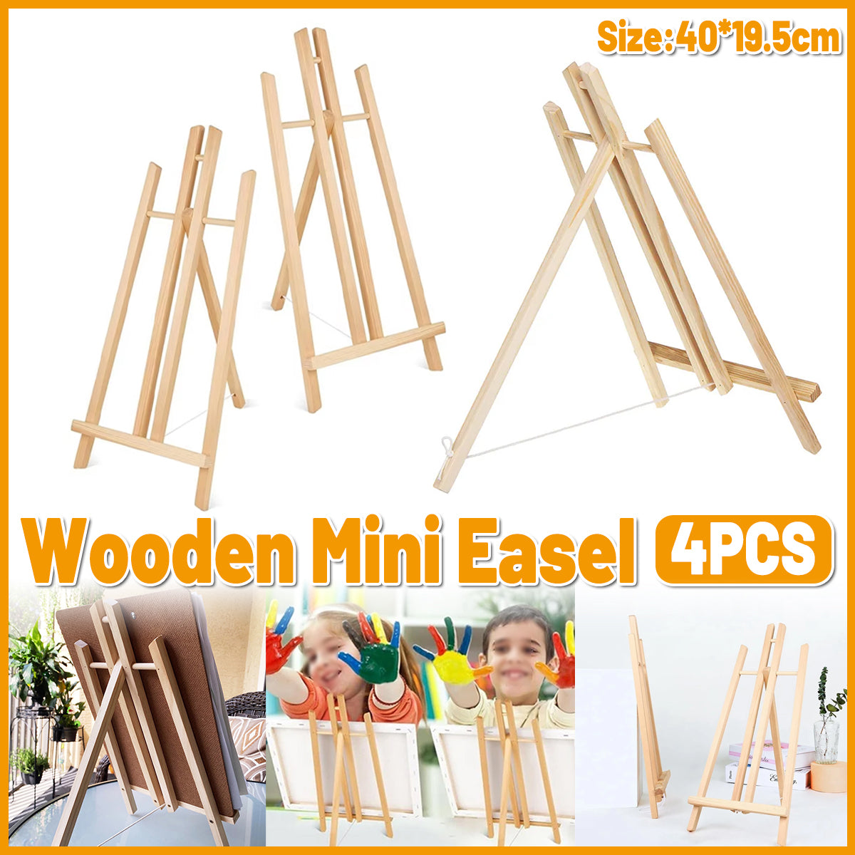 4 Pcs Mini Pine Wood Desktop Tripod Easel with Rope Support