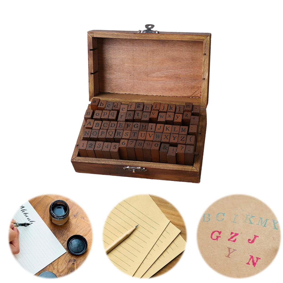 70 Pcs Alphabet and Number Wood Rubber Stamp Set with Storage Box