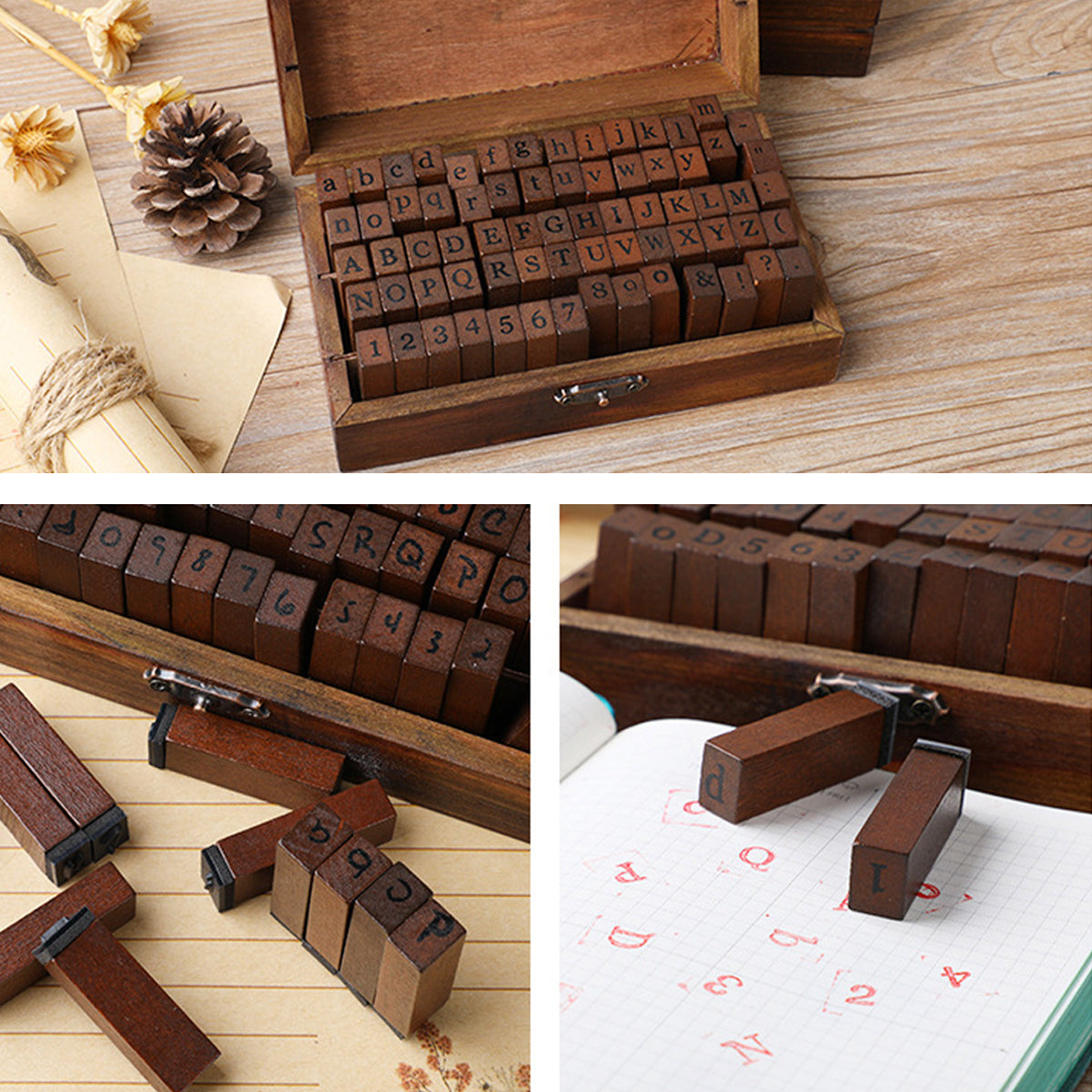70 Pcs Alphabet and Number Wood Rubber Stamp Set with Storage Box