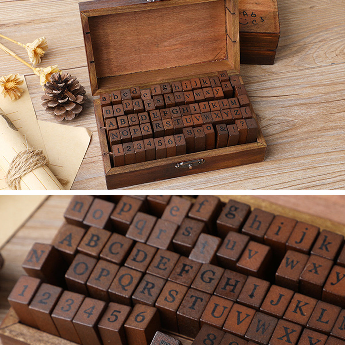 70 Pcs Alphabet and Number Wood Rubber Stamp Set with Storage Box