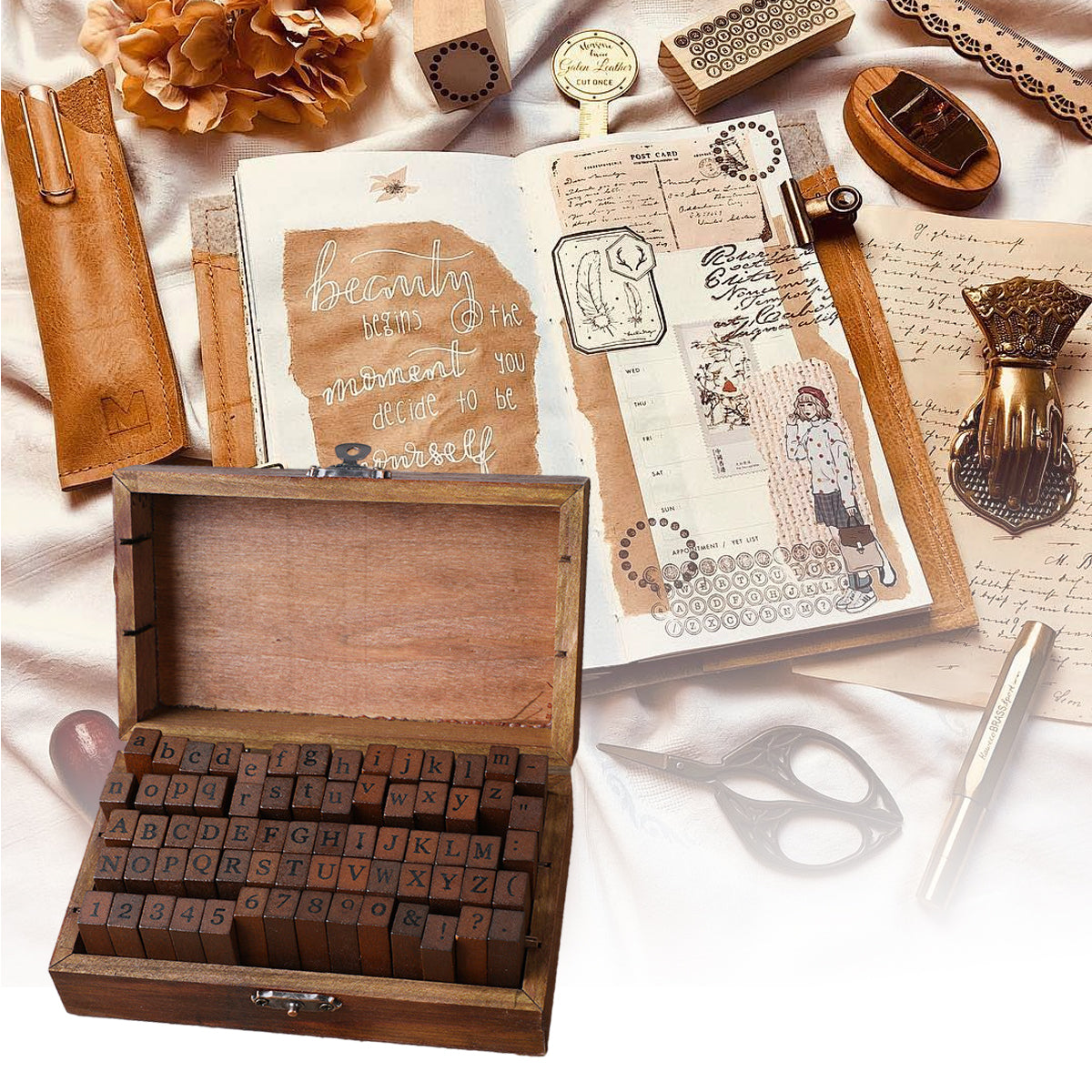 70 Pcs Alphabet and Number Wood Rubber Stamp Set with Storage Box