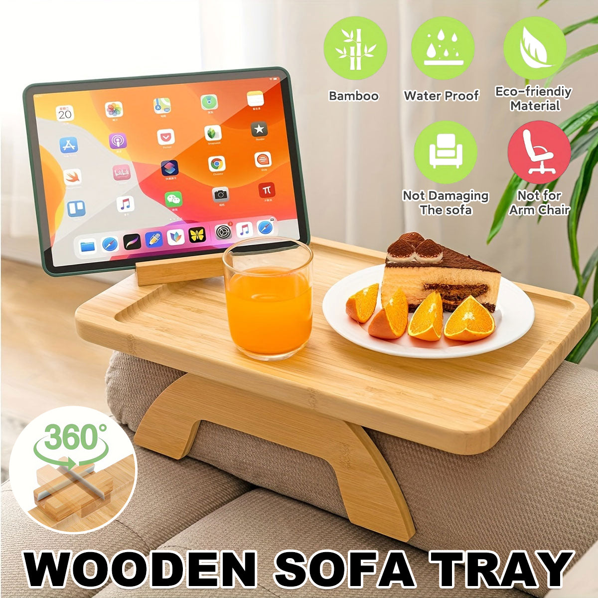 Bamboo Sofa Arm Tray with 360 Rotating Legs