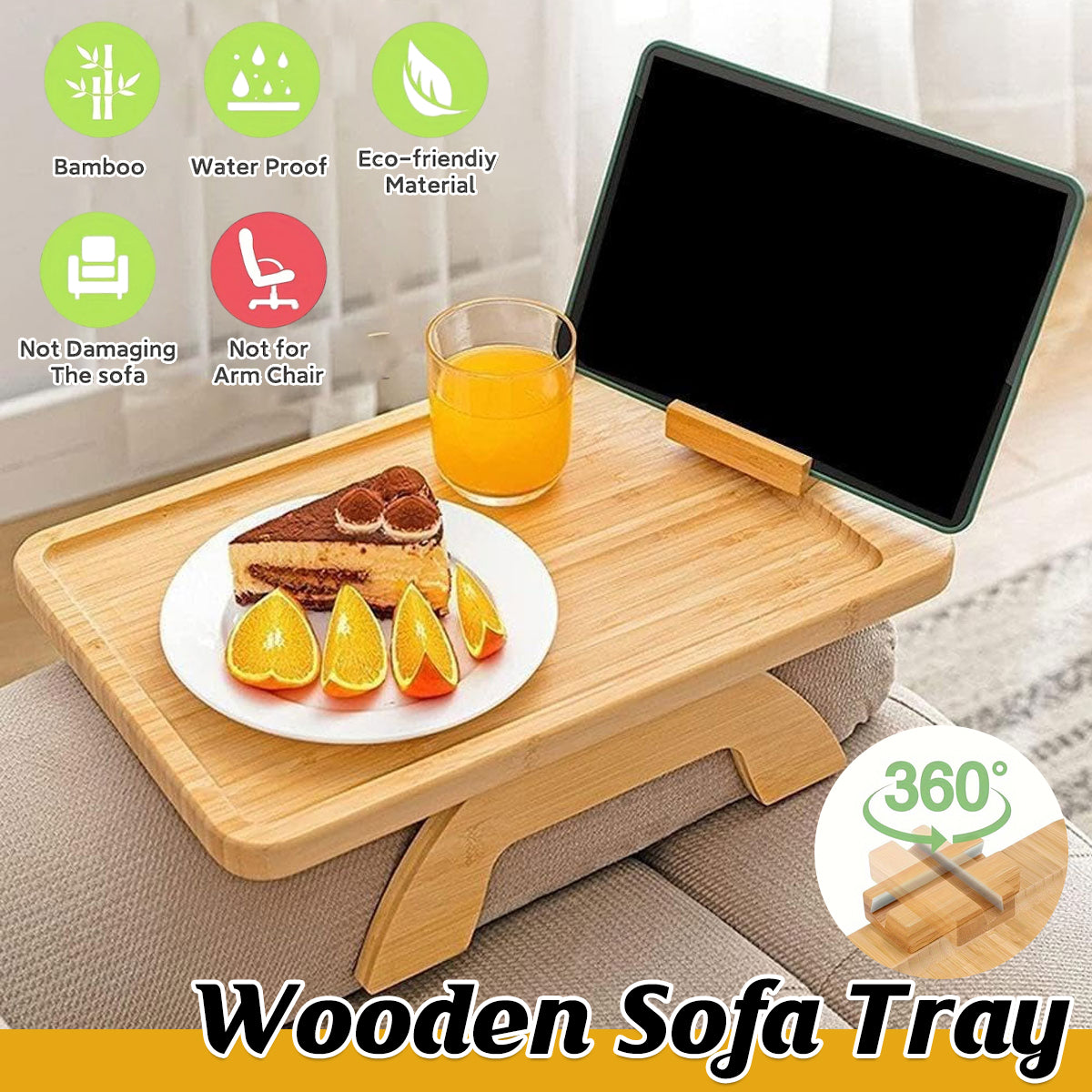Bamboo Sofa Arm Tray with 360 Rotating Legs