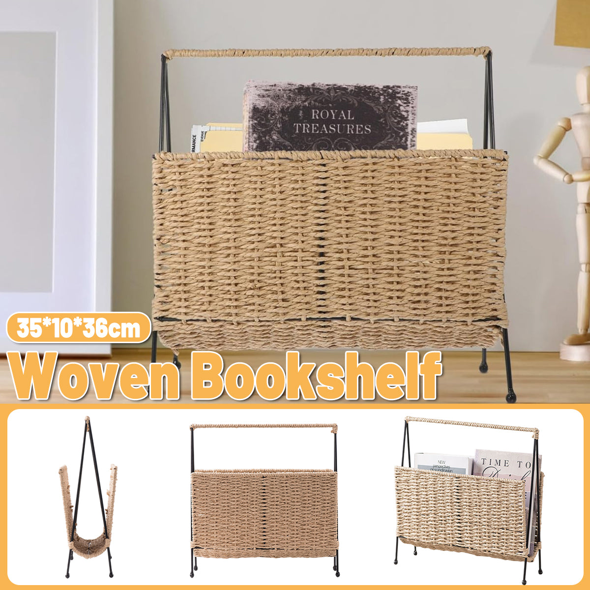 Hand-Woven Paper Rope Storage Basket with Iron Frame Natural