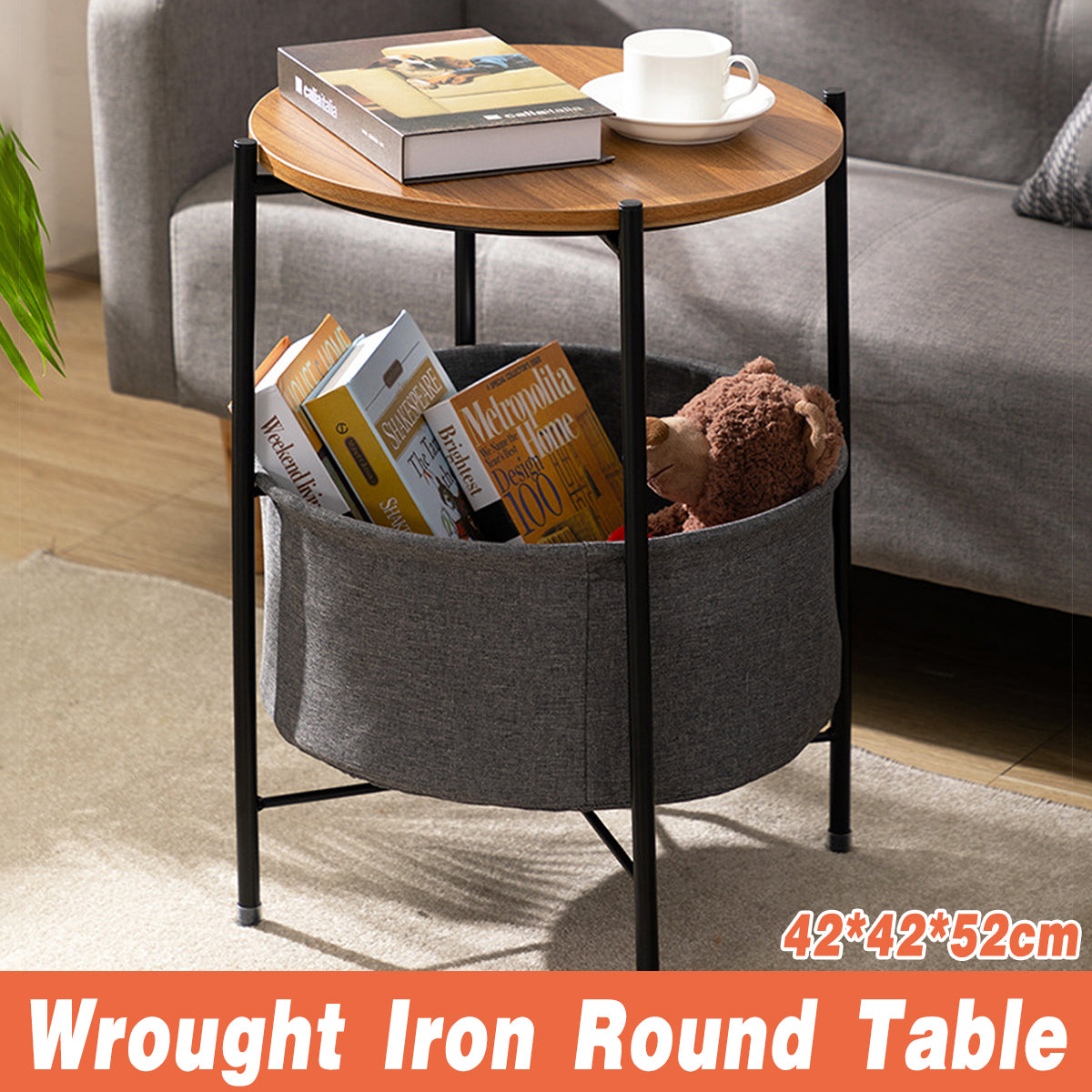 Round Side Table with Storage Basket for Breakroom and Living Room