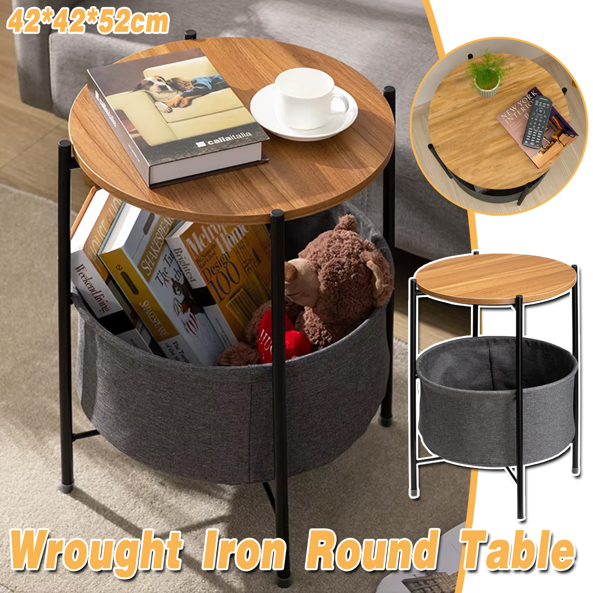 Round Side Table with Storage Basket for Breakroom and Living Room