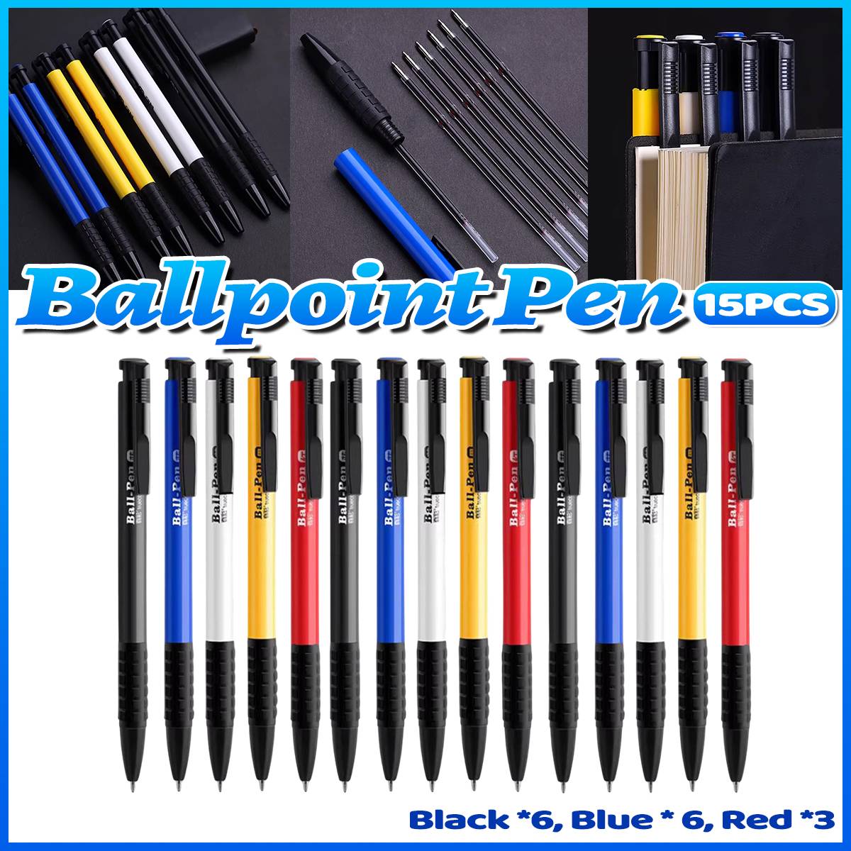 15 Pcs Push Button Ballpoint Pen 3 Colour Set
