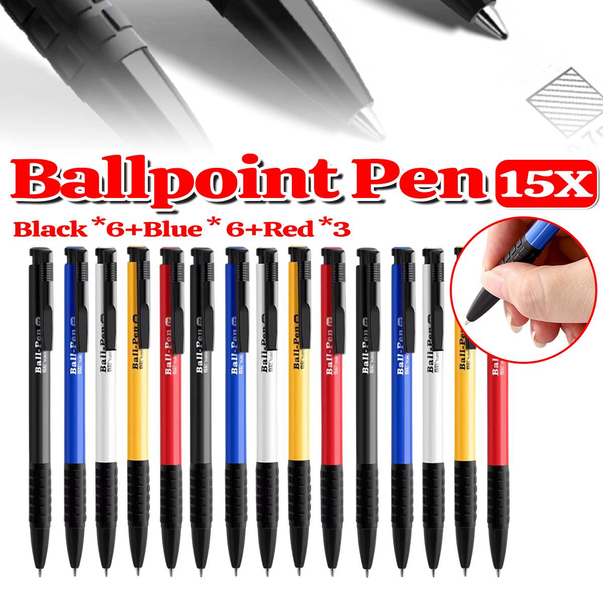 15 Pcs Push Button Ballpoint Pen 3 Colour Set