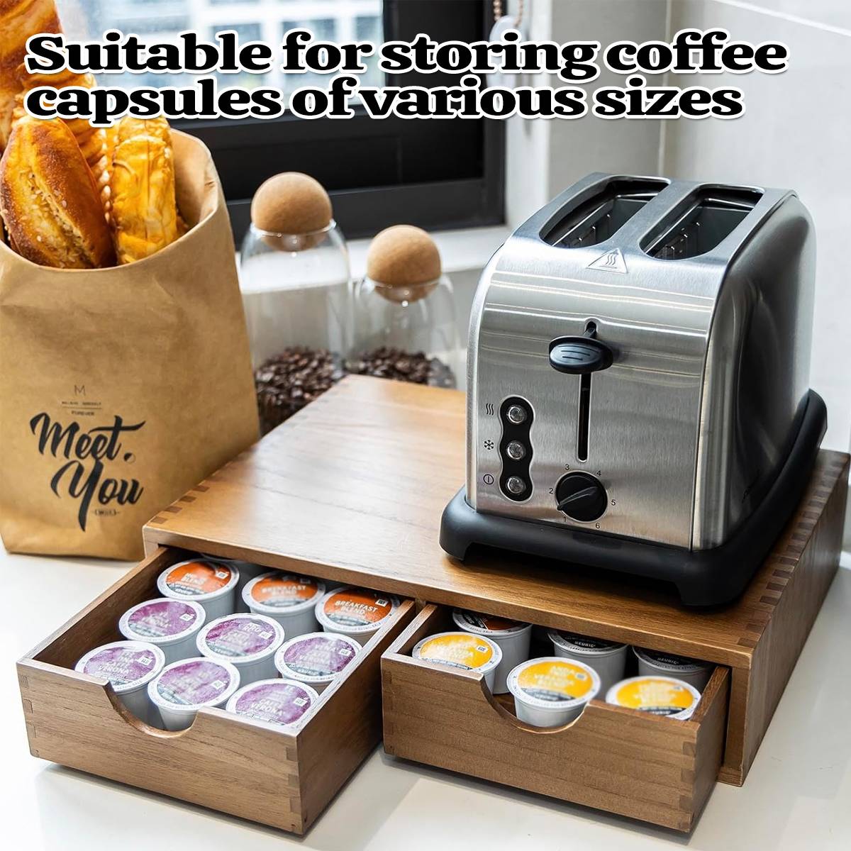 Wooden Coffee Capsule Holder with Double Drawer