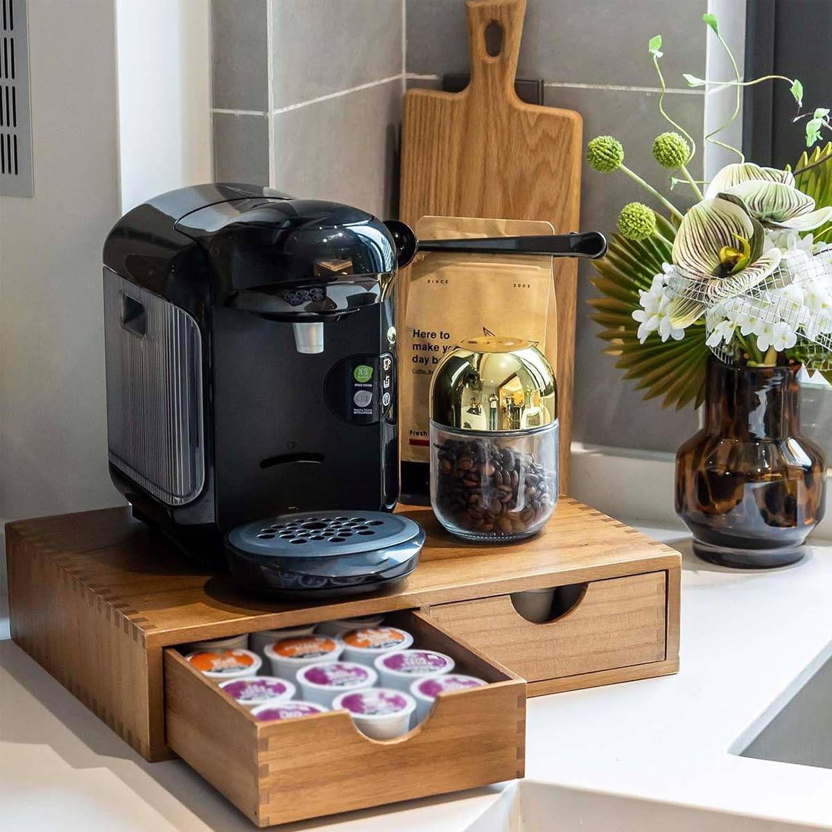 Wooden Coffee Capsule Holder with Double Drawer
