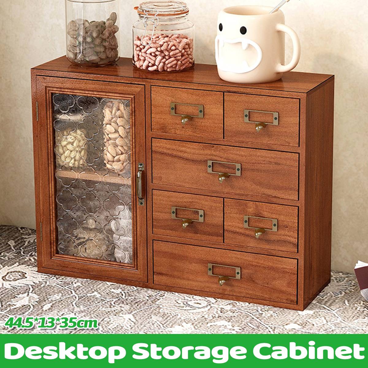 Vintage Wooden Cabinet Clear Door and 6 Drawers