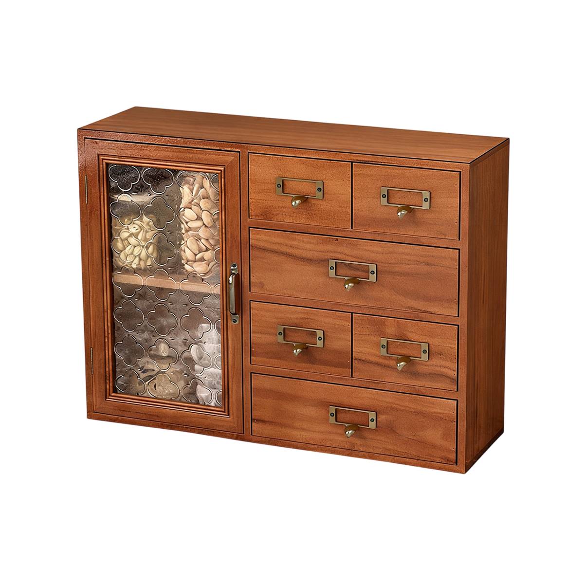 Vintage Wooden Cabinet Clear Door and 6 Drawers