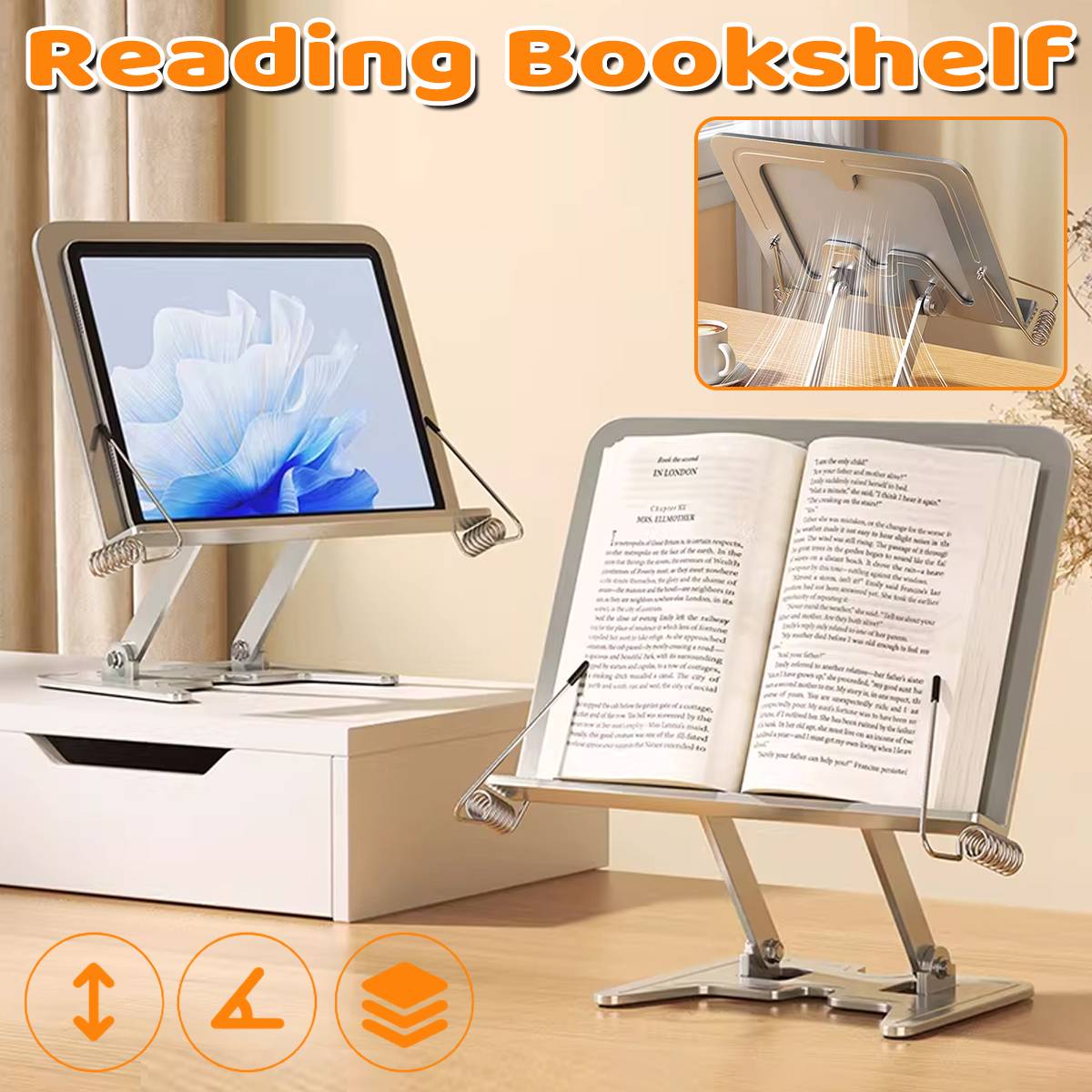 Silver Metal Book Stand Adjustable Foldable Reading