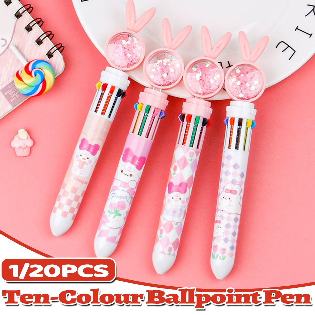 10 Colour Cartoon Push-Click Ballpoint Pen