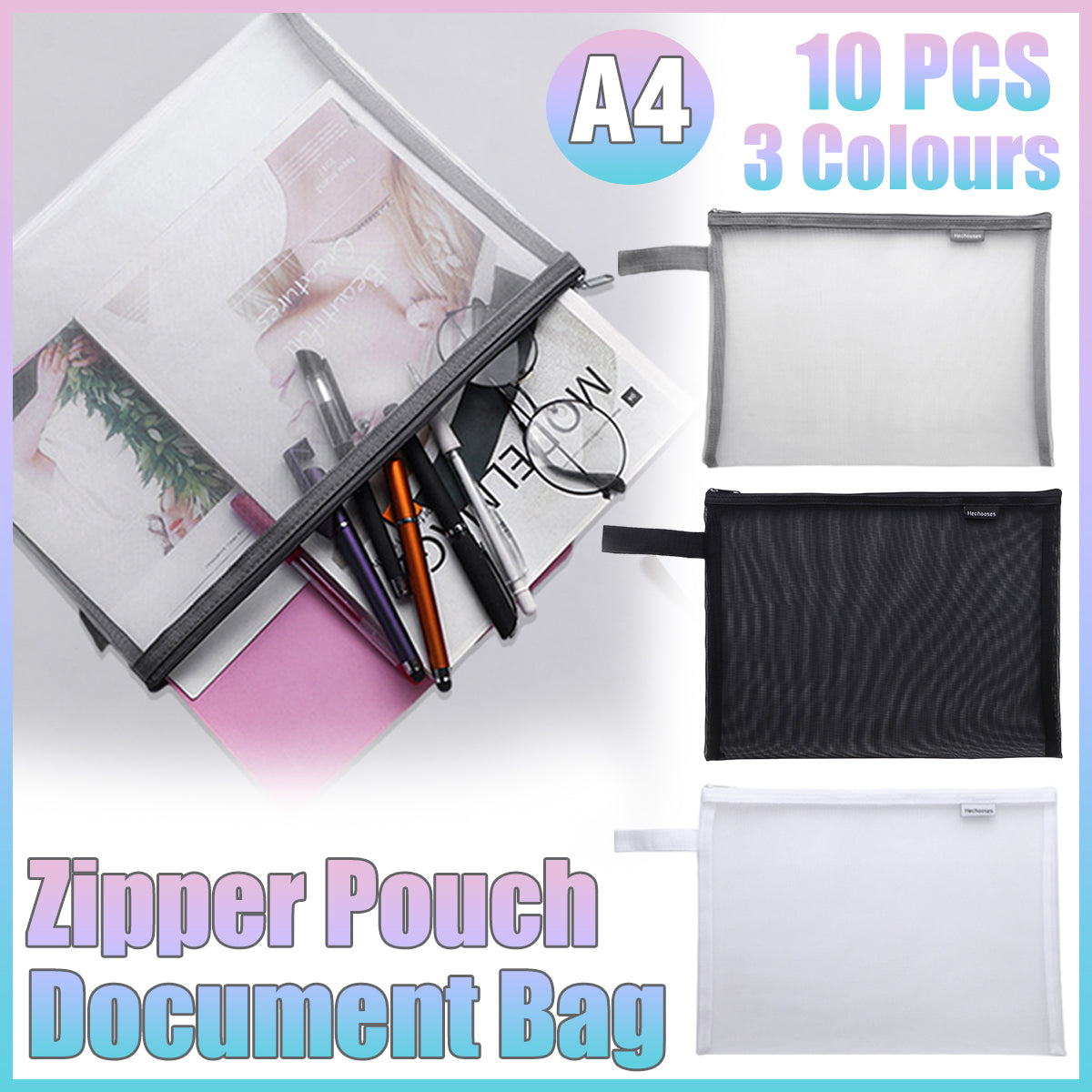 10 Pcs Mesh Zipper Document Bags Nylon Transparent 3 Colours