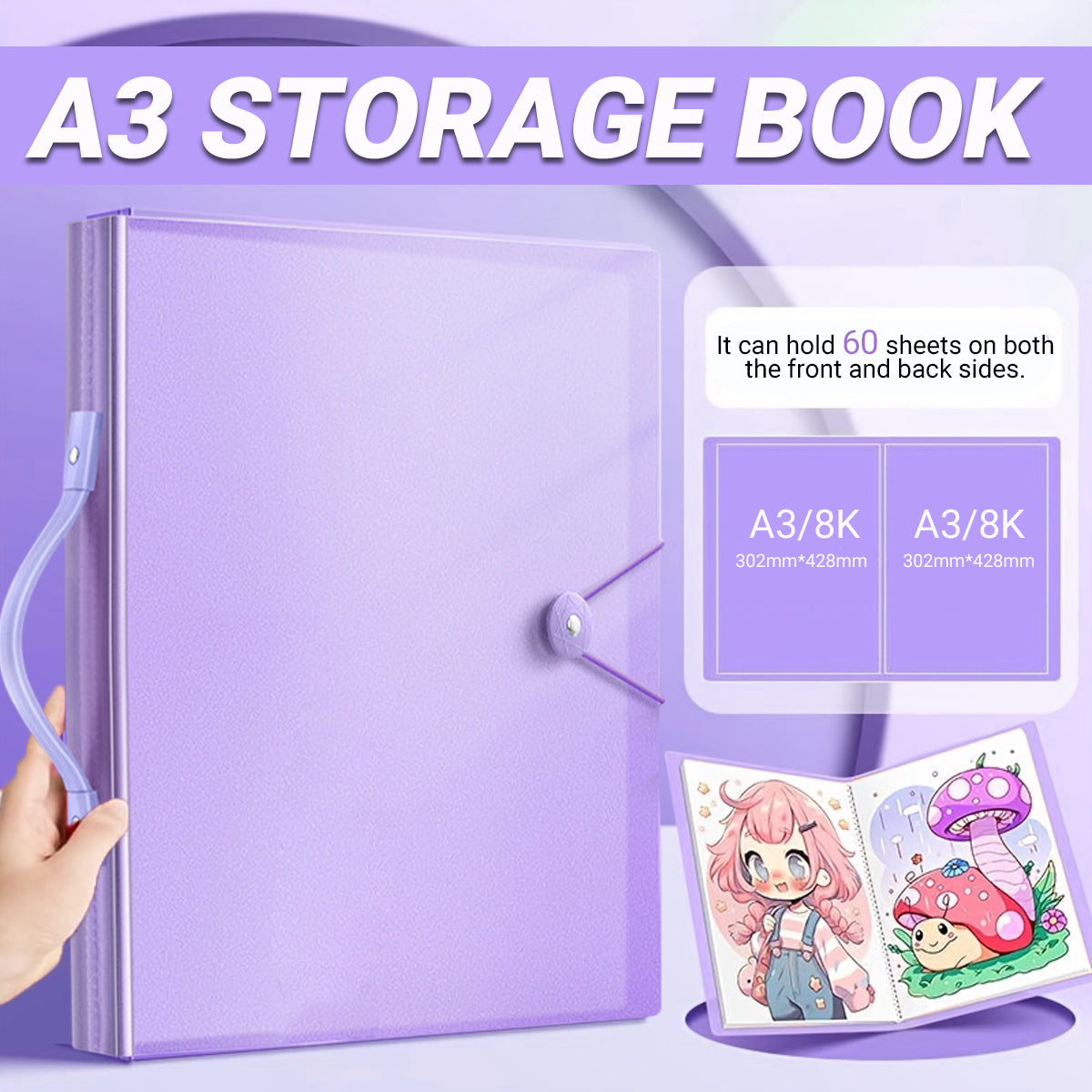 A3/8K Kids Drawing Book Storage Album with Handle 120-Sheet Capacity