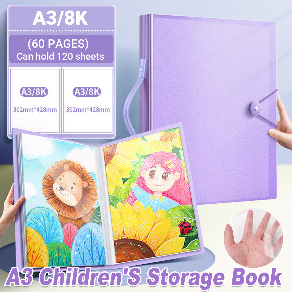 A3/8K Kids Drawing Book Storage Album with Handle 120-Sheet Capacity