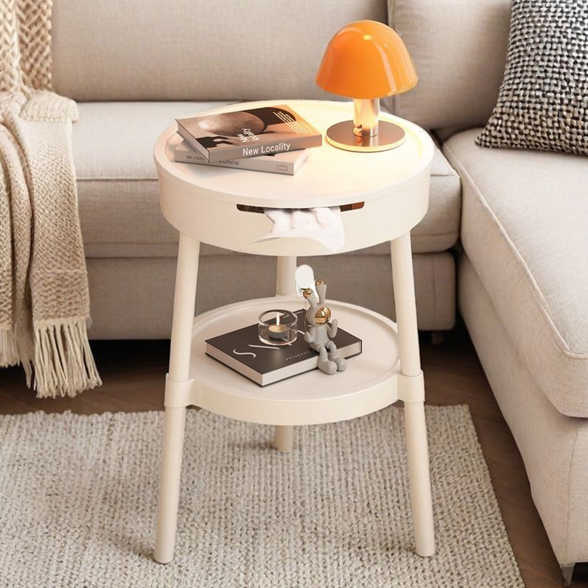 Minimalist Round Side Table with Tissue Box