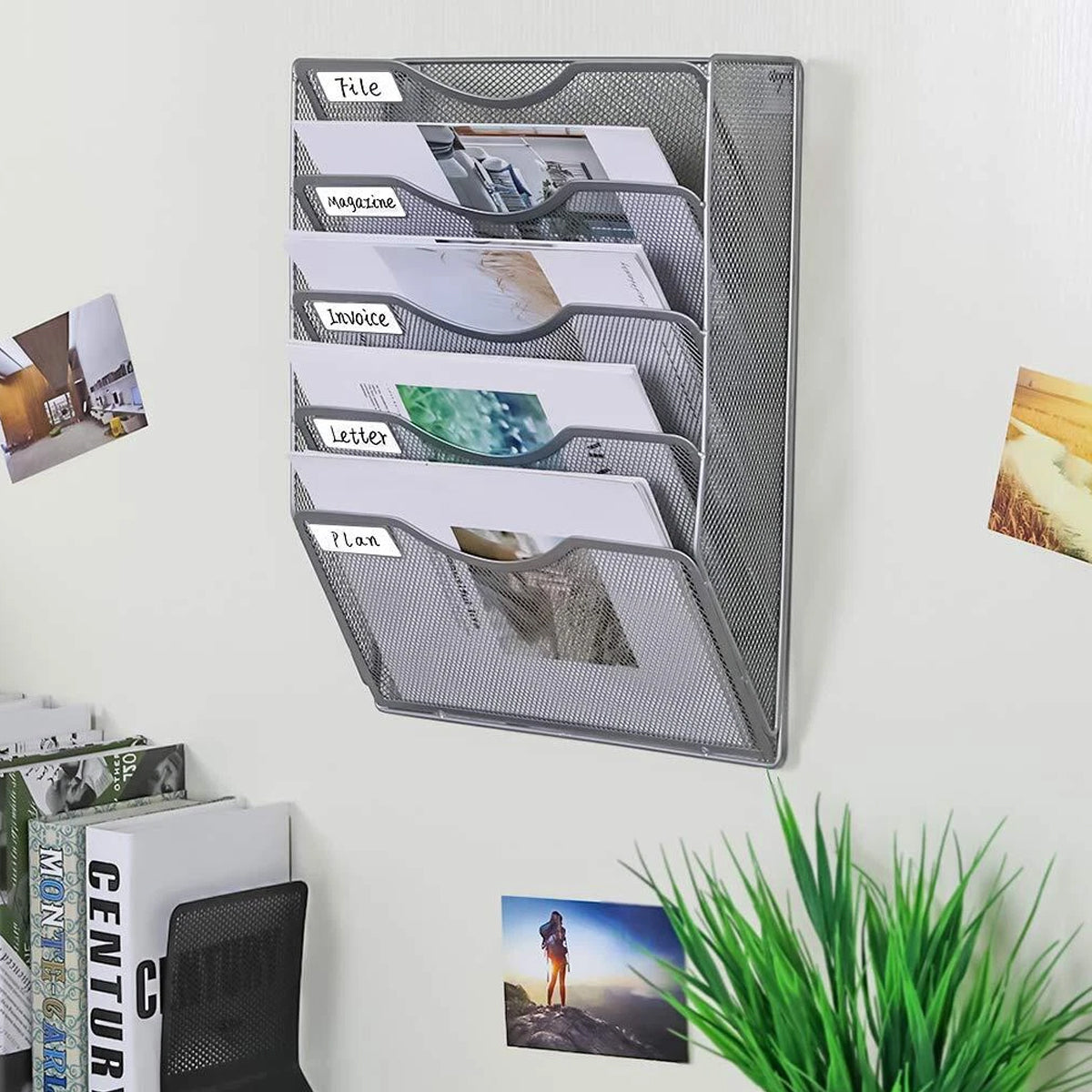 Wall-Mounted 5-Tier Metal Mesh File Organiser Rack