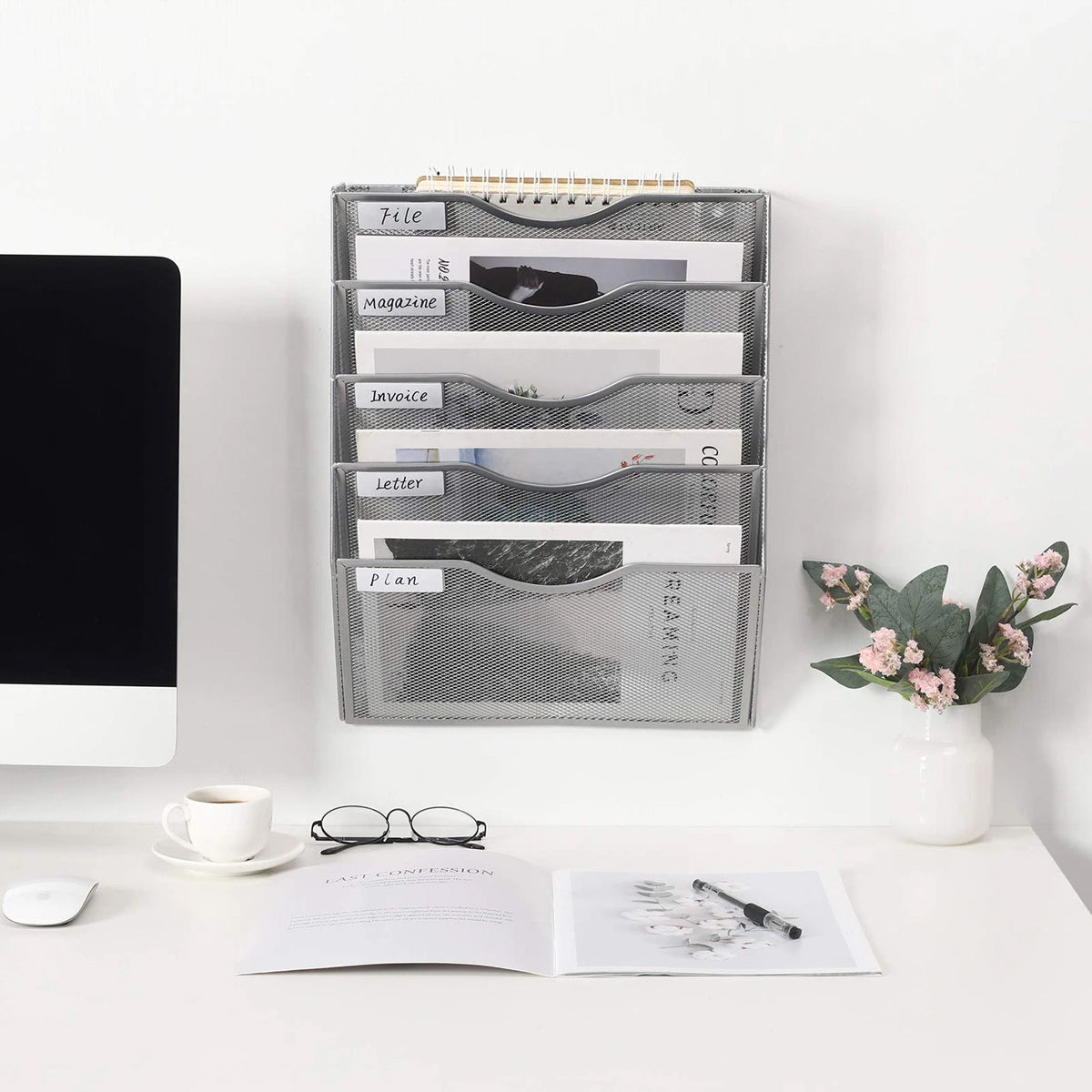Wall-Mounted 5-Tier Metal Mesh File Organiser Rack