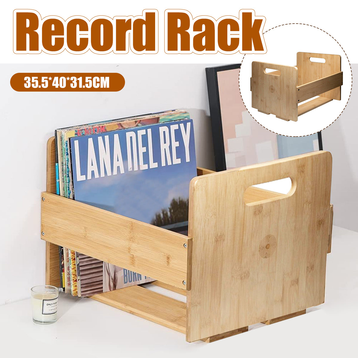 Bamboo Wood Vinyl Record Stand with Carry Handles