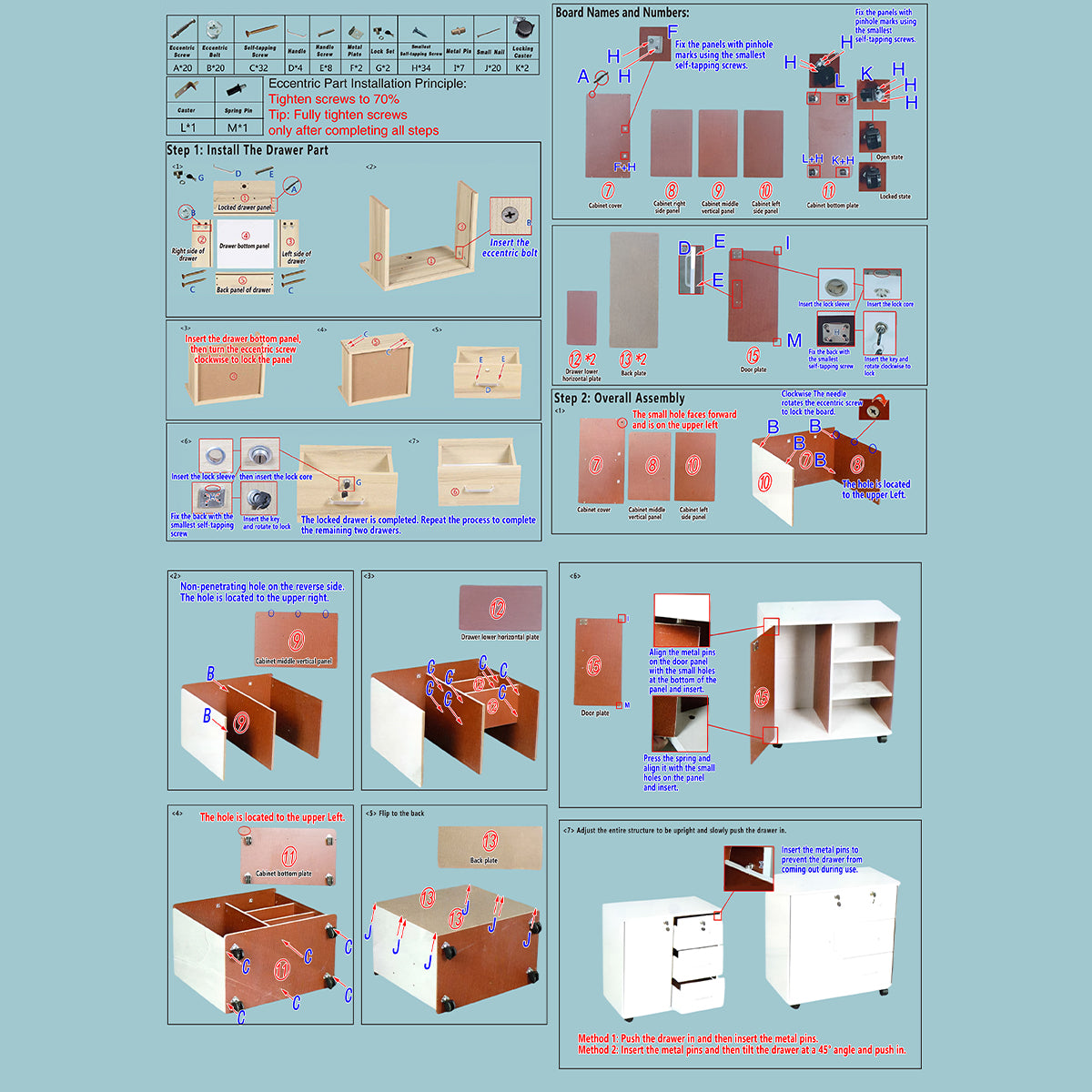 Movable Filing Cabinet with Wheels Locking Doors and Drawers